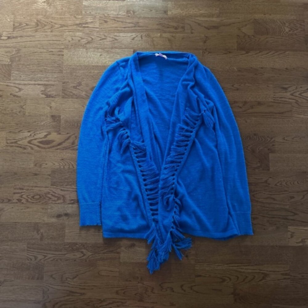 Lilly Pulitzer Lucita Cardigan Sweater Women Knit Open Lapis Blue Tassel Fringe